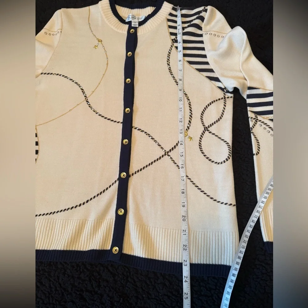 St John Sport Cream and Navy Nautical embellished Women's Cardigan - Picture 4 of 10